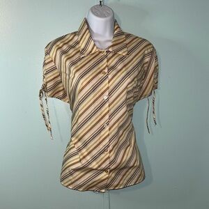 Rave Blouse XL Button Up Yellow‎ Brown White Stripes